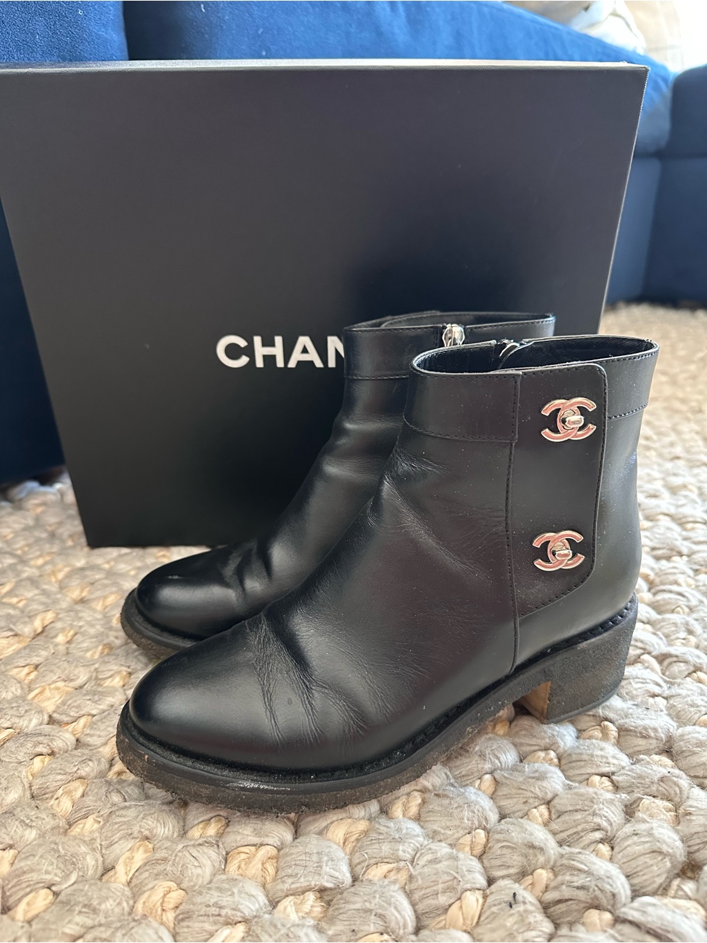 Chanel Cc Turn Lock Black Leather Short Ankle Boot Shoe Size 37
